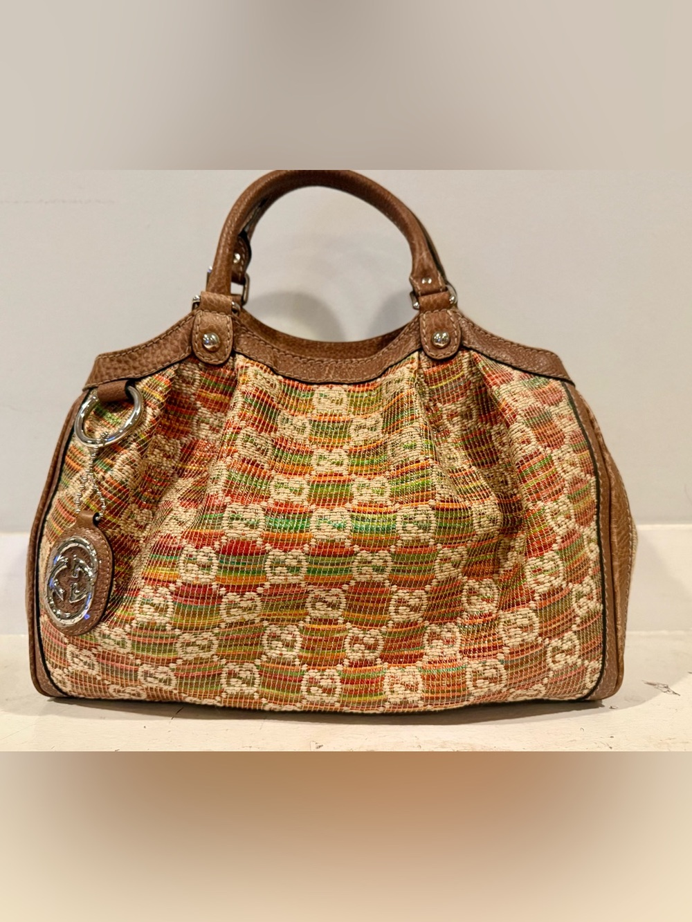 Gucci Monogram Sunset Raffia Medium Sukey Tote Bag Brown Multi NWOT